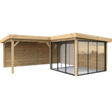 Abri de jardin en bois avec auvent et portes coulissantes en verre