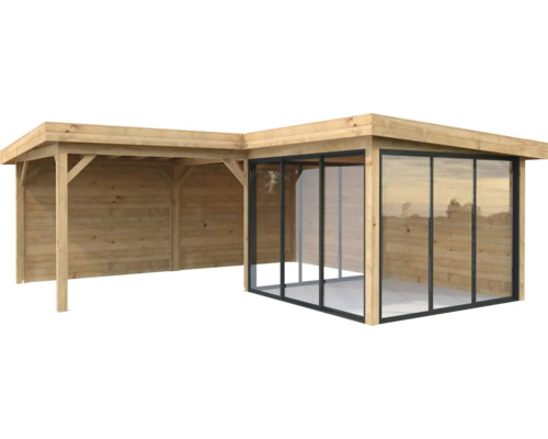 Pavillon Palmako Lenna Slide 24,9 m² Set 412 588 x 588 cm imprégné par immersion marron Abri de jardin en bois avec auvent et portes coulissantes en verre