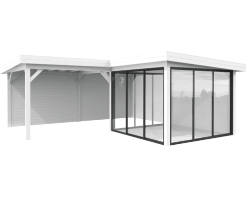 Abri de jardin en bois avec véranda et parois coulissantes en verre