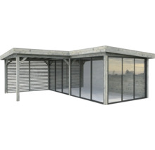 Pavillon de jardin en bois avec parois coulissantes en verre et parois à lamelles