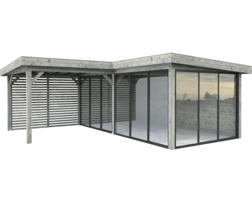 Pavillon Palmako Lenna Slide Plus 24,9 m² Set 714 588 x 588 cm imprégné par immersion gris Pavillon de jardin en bois avec parois coulissantes en verre et parois à lamelles