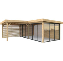Holzpavillon mit Lamellenwand und Glasschiebetüren