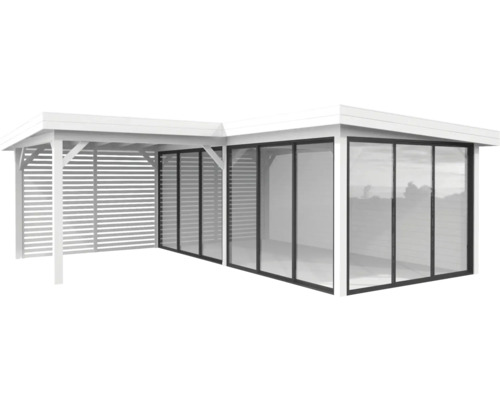 Abri de jardin en bois avec façade en verre et abri latéral