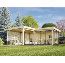 Pavillon de jardin en bois avec façade en verre et coin salon