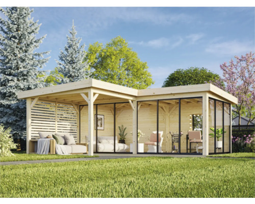 Pavillon Palmako Lenna Slide 24,9 m² Set 414 588 x 588 cm imprégné par immersion Pavillon de jardin en bois avec façade en verre et coin salon