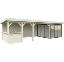 Abri de jardin en bois avec fenêtres et toit