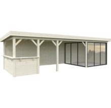 Abri de jardin en bois avec portes coulissantes et espace couvert