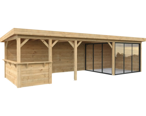 Pavillon Palmako Lenna Slide Plus 24,9 m² Set 715 876 x 300 cm imprégné par immersion marron Abri de jardin en bois avec bar et portes coulissantes
