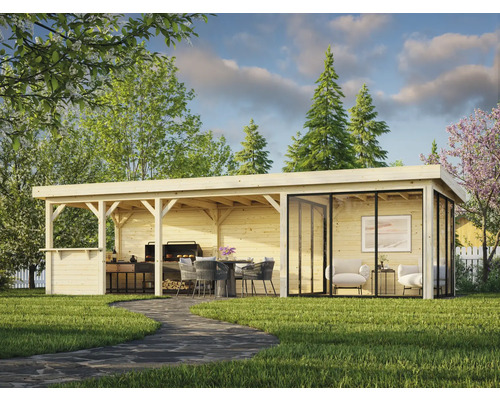 Maison de jardin en bois avec barbecue et coin salon dans le jardin
