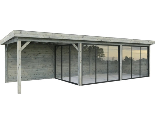 Pavillon Palmako Lenna Slide Plus 24,9 m² Set 717 876 x 300 cm imprégné par immersion gris Pavillon de jardin en bois avec façade en verre