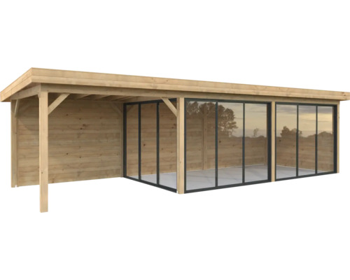 Pavillon Palmako Lenna Slide 24,9 m² Set 417 876 x 300 cm imprégné par immersion marron Pavillon en bois avec façade en verre