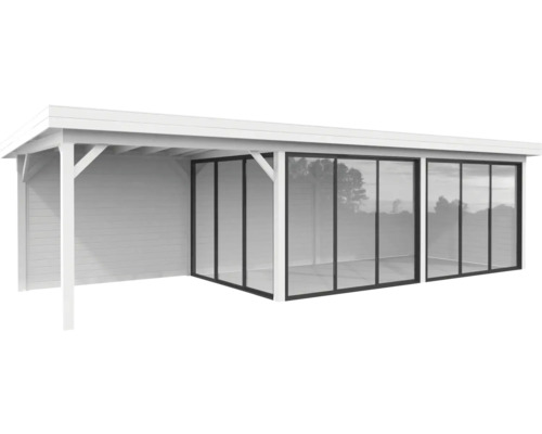Abri blanc avec revêtement en bois et portes coulissantes en verre.