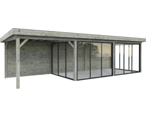 Pavillon Palmako Lenna Slide Plus 24,9 m² Set 718 876 x 300 cm imprégné par immersion gris Abri de jardin en bois avec portes coulissantes en verre
