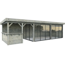Pavillon de jardin en bois avec parois en verre et comptoir