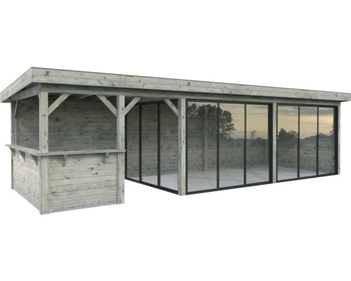 Pavillon Palmako Lenna Slide Plus 24,9 m² Set 719 876 x 300 cm imprégné par immersion gris Pavillon de jardin en bois avec parois en verre et comptoir