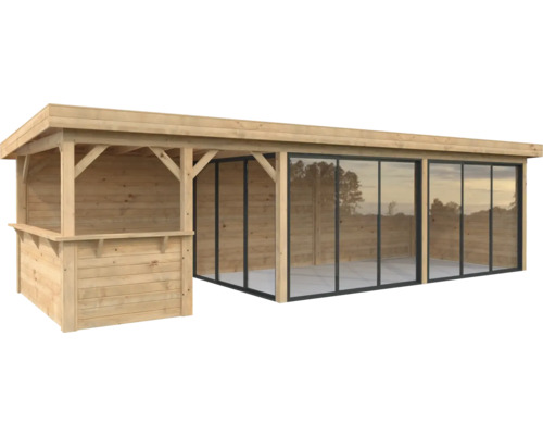Pavillon Palmako Lenna Slide 24,9 m² Set 419 876 x 300 cm imprégné par immersion marron Abri de jardin en bois avec fenêtres et comptoir