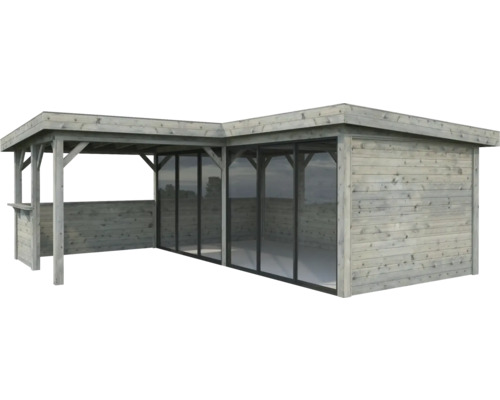 Pavillon Palmako Lenna Slide Plus 24,9 m² Set 722 588 x 588 cm imprégné par immersion gris Pavillon en bois avec parois en verre