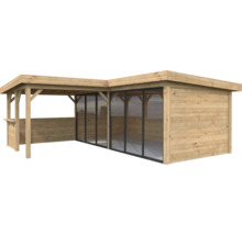 Abri de jardin en bois avec auvent et portes coulissantes