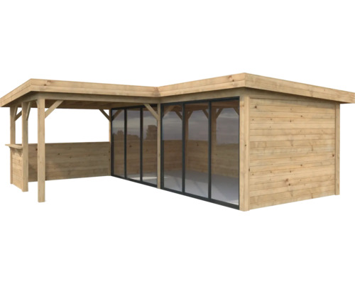 Pavillon Palmako Lenna Slide 24,9 m² Set 422 588 x 588 cm imprégné par immersion marron Abri de jardin en bois avec auvent et portes coulissantes