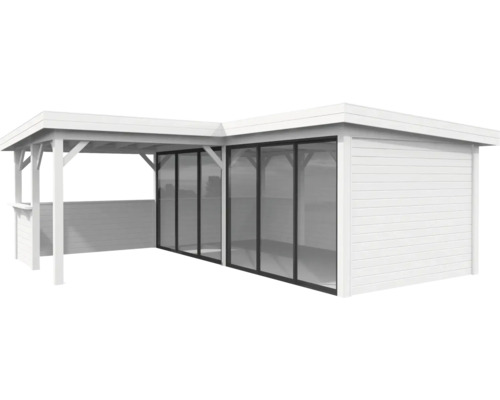 Holzgartenhaus mit Glasfront und überdachter Terrasse
