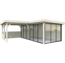Pavillon de jardin en bois avec portes coulissantes en verre.