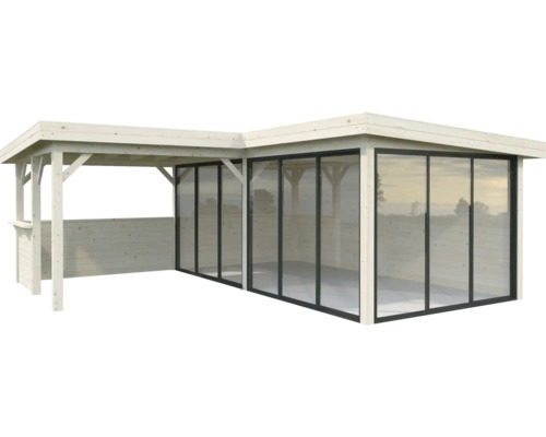 Pavillon Palmako Lenna Slide Plus 24,9 m² Set 723 588 x 588 cm imprégné par immersion Pavillon de jardin en bois avec portes coulissantes en verre.