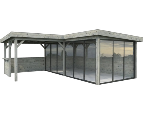 Pavillon Palmako Lenna Slide Plus 24,9 m² Set 723 588 x 588 cm imprégné par immersion gris Pavillon de jardin en bois avec façade en verre