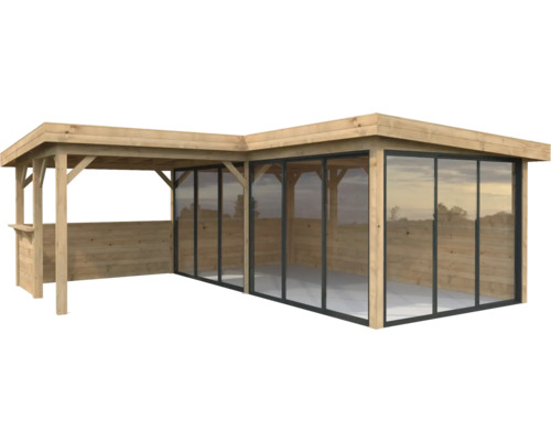 Pavillon Palmako Lenna Slide 24,9 m² Set 423 588 x 588 cm imprégné par immersion marron Pavillon de jardin en bois avec parois coulissantes en verre