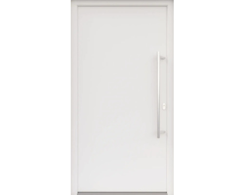 ARON HaustürBasic 3101 Aluminium-Kunststoff-Verbund RAL 9016 verkehrsweiß 1100x2100 mm beidseitig flügelüberdeckend DIN Rechts inkl.Stoßgriffset,Innendrücker in Edelstahl,Profilzylinder mit 3 Schlüsseln Weisse Eingangstür mit Edelstahlgriff