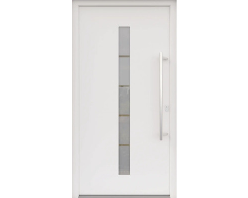 ARON HaustürBasic 3111 Aluminium-Kunststoff-Verbund RAL 9016 verkehrsweiß 1000x2000 mm beidseitig flügelüberdeckend DIN Rechts inkl.Stoßgriffset,Innendrücker in Edelstahl,Profilzylinder mit 3 Schlüsseln Weiße Haustür mit Glaseinsatz und Griff