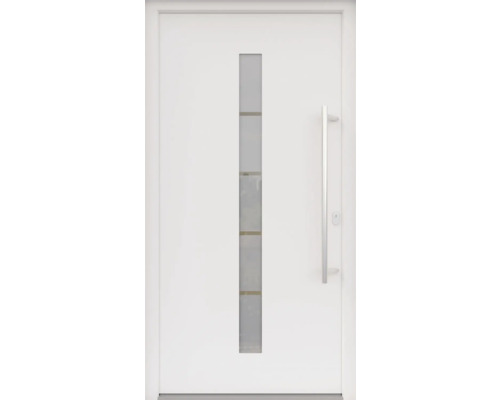 ARON HaustürBasic 3111 Aluminium-Kunststoff-Verbund RAL 9016 verkehrsweiß 1100x2100 mm beidseitig flügelüberdeckend DIN Rechts inkl.Stoßgriffset,Innendrücker in Edelstahl,Profilzylinder mit 3 Schlüsseln Weiße Haustür mit Glaseinsatz und Edelstahlgriff
