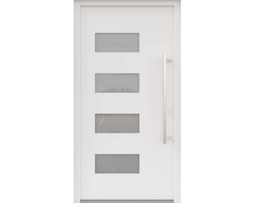 ARON HaustürBasic 3121 Aluminium-Kunststoff-Verbund RAL 9016 verkehrsweiß 1000x2000 mm beidseitig flügelüberdeckend DIN Rechts inkl.Stoßgriffset,Innendrücker in Edelstahl,Profilzylinder mit 3 Schlüsseln Weiße Haustür mit vier rechteckigen Glaseinsätzen und einem Edelstahlgriff