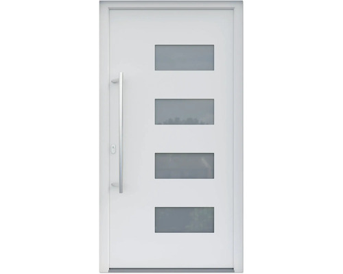 ARON HaustürBasic 3121 Aluminium-Kunststoff-Verbund RAL 9016 verkehrsweiß 1000x2000 mm beidseitig flügelüberdeckend DIN Links inkl.Stoßgriffset,Innendrücker in Edelstahl,Profilzylinder mit 3 Schlüsseln Weisse Haustür mit vier rechteckigen Glaseinsätzen und einem Türgriff aus Metall