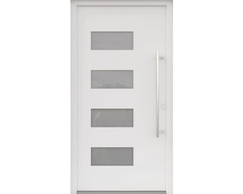 ARON HaustürBasic 3121 Aluminium-Kunststoff-Verbund RAL 9016 verkehrsweiß 1000x2100 mm beidseitig flügelüberdeckend DIN Rechts inkl.Stoßgriffset,Innendrücker in Edelstahl,Profilzylinder mit 3 Schlüsseln Weiße Haustür mit vier rechteckigen Glaseinsätzen und einem Griff