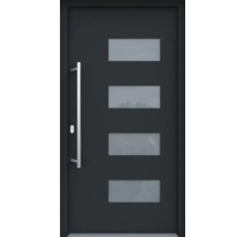 Moderne Haustür mit vier rechteckigen Glaseinsätzen und Edelstahlgriff.
