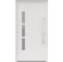 ARON HaustürBasic 3131 Aluminium-Kunststoff-Verbund RAL 9016 verkehrsweiß 1000x2100 mm beidseitig flügelüberdeckend DIN Rechts inkl.Stoßgriffset,Innendrücker in Edelstahl,Profilzylinder mit 3 Schlüsseln
