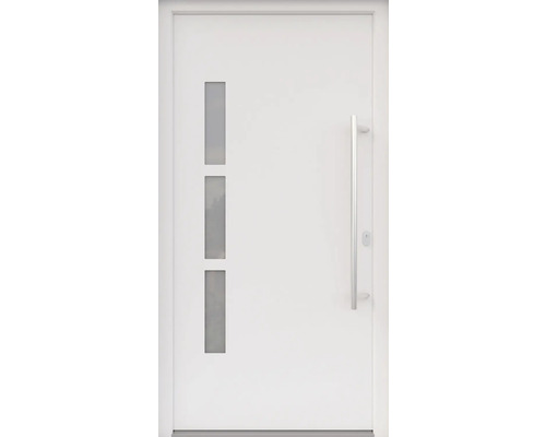 ARON HaustürBasic 3131 Aluminium-Kunststoff-Verbund RAL 9016 verkehrsweiß 1100x2100 mm beidseitig flügelüberdeckend DIN Rechts inkl.Stoßgriffset,Innendrücker in Edelstahl,Profilzylinder mit 3 Schlüsseln Weiße Haustür mit drei rechteckigen Glaseinsätzen und einem vertikalen Griff
