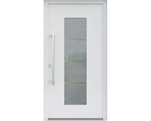 ARON HaustürARON 3141 Aluminium-Kunststoff-Verbund RAL 9016 verkehrsweiß 1000x2100 mm beidseitig flügelüberdeckend DIN Links inkl.Stoßgriffset,Innendrücker in Edelstahl,Profilzylinder mit 3 Schlüsseln Weisse Haustür mit Glaseinsatz und Griff