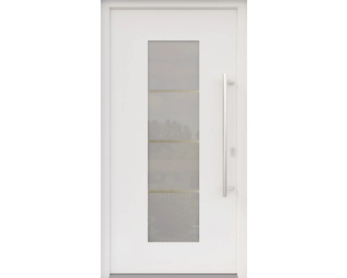 ARON HaustürARON 3141 Aluminium-Kunststoff-Verbund RAL 9016 verkehrsweiß 1100x2100 mm beidseitig flügelüberdeckend DIN Rechts inkl.Stoßgriffset,Innendrücker in Edelstahl,Profilzylinder mit 3 Schlüsseln Weiße Haustür mit Glaseinsatz und Türgriff