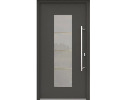 ARON HaustürARON 3141 Aluminium-Kunststoff-Verbund RAL 7016 anthrazitgrau 1100x2100 mm beidseitig flügelüberdeckend DIN Rechts inkl.Stoßgriffset,Innendrücker in Edelstahl,Profilzylinder mit 3 Schlüsseln Haustür mit Glaseinsatz und Edelstahlgriff