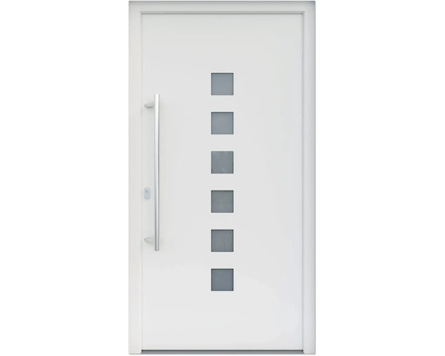 ARON HaustürARON 3151 Aluminium-Kunststoff-Verbund RAL 9016 verkehrsweiß 1100x2100 mm beidseitig flügelüberdeckend DIN Links inkl.Stoßgriffset,Innendrücker in Edelstahl,Profilzylinder mit 3 Schlüsseln Weiße Haustür mit Edelstahlgriff und quadratischen Glaseinsätzen