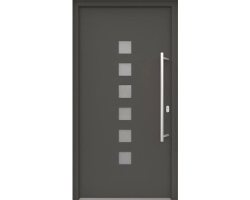 ARON HaustürARON 3151 Aluminium-Kunststoff-Verbund RAL 7016 anthrazitgrau 1000x2000 mm beidseitig flügelüberdeckend DIN Rechts inkl.Stoßgriffset,Innendrücker in Edelstahl,Profilzylinder mit 3 Schlüsseln Graue Haustür mit Glaseinsätzen und Stangengriff