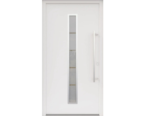 ARON HaustürARON 3161 Aluminium-Kunststoff-Verbund RAL 9016 verkehrsweiß 1000x2000 mm beidseitig flügelüberdeckend DIN Rechts inkl.Stoßgriffset,Innendrücker in Edelstahl,Profilzylinder mit 3 Schlüsseln Weiße Haustür mit Glaseinsatz und Türgriff