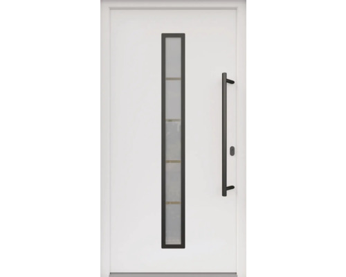 ARON HaustürARON 3171 Aluminium-Kunststoff-Verbund RAL 9016 verkehrsweiß 1000x2000 mm beidseitig flügelüberdeckend DIN Rechts inkl.Stoßgriffset,Innendrücker in Schwarz,Profilzylinder mit 3 Schlüsseln Weisse Haustür mit Glaseinsatz und Griff