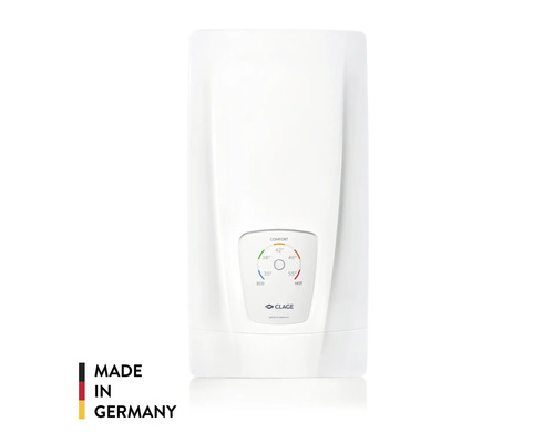 Elektronischer Durchlauferhitzer mit Temperaturregler und Clage Logo