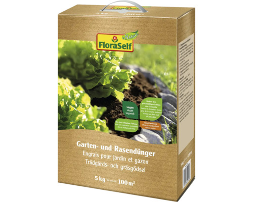Gartendünger, Rasendünger & Bodenaktivator FloraSelf Nature vegan 5 kg für 100 m² FloraSelf Garten- und Rasendünger im 5 Kilogramm Karton für 100 Quadratmeter Fläche
