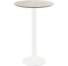 Table haute avec plateau rond et piètement blanc