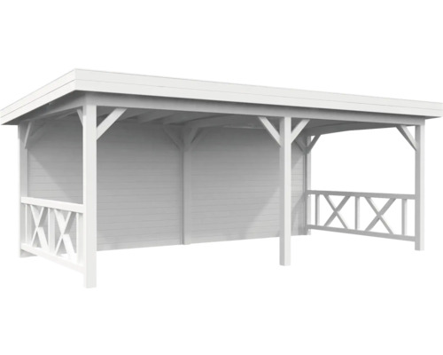 Pavillon Palmako Lenna 16,6 m² Set 308 y compris paroi arrière et garde-corps 588 x 300 cm blanc Abri de voiture en bois avec toit plat