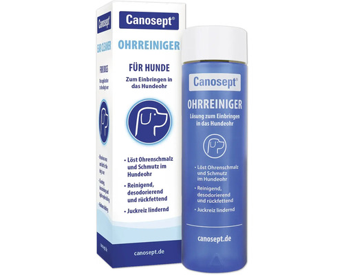 Nettoyant pour oreilles Canosept pour chiens 125 ml Canosept Nettoyant auriculaire pour chiens, flacon et emballage