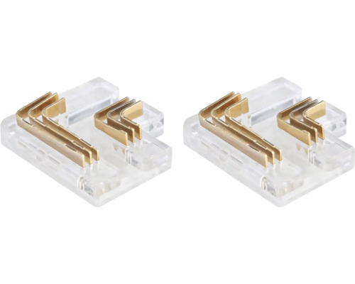 Zwei transparente Stromverbinder mit goldenen Kontakten.